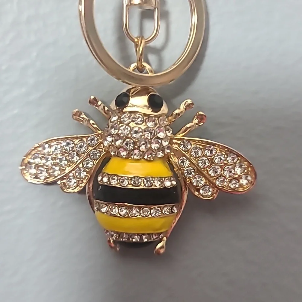 Bee Rhinestone Keychain Gold Tone Purse Clip